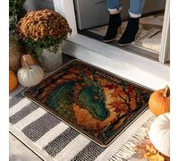 Fantasy Dragon Doormat, Green Dragon Welcome Mat for Autumn Outdoor & Indoor Entryway Decor, Rubber Waterproof Non-Slip Dust Absorbent Front Doormats, Easy to Clean 29x17 Inch