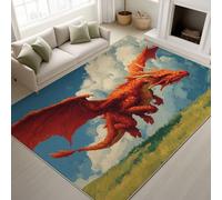 Fantasy Dragon Flames Grasslands Soft Carpet Runners for Hallway Non-Slip 50 x 80 cm, Rugs Printed Design Bedroom， Red Green Bedside Carpets for Kitchen, Lounge, Office, Parlor