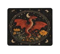 Fantasy Dragon Floral Desk Mouse Pad, Red Black Night Sky Flowers Stitched Edge Mousepad, Rubber Non-Slip Washable Gaming Mouse Pad for Home and Office Computer, Laptop Square 8x10 Inch