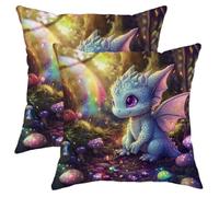 Fantasy Dragon Pillow Covers Set of 2, Light Blue Cute Baby Dragon Throw Pillow Cases, Magical Decor for Kids Room Sofa Couch Bed, Enchanting Home Decorative Cushion Covers 18x18 Inch