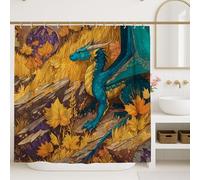 Fantasy Dragon Shower Curtain, Teal Blue and Gold Bathroom Decor, Autumn Seasonal Modern Art Waterproof Fabric Shower Curtain with Hooks 72x84 Inch