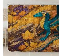 Fantasy Dragon Shower Curtain, Teal Blue and Gold Bathroom Decor, Autumn Seasonal Modern Art Waterproof Fabric Shower Curtain with Hooks 108x72 Inch