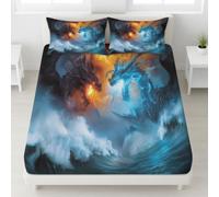 Fantasy Dragon Small Double Size Fitted Sheets - 30 cm Deep, Mythical Fantasy Creature Wave Flame Bedding Set, Soft Brushed Microfiber Fade Resistant Breathable Bed Sheet 120 x 190 cm