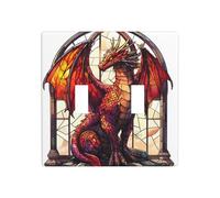 Fantasy Dragon Stained Glass Style Double Gang Toggle Light Cover Wall Plate Switch Decor Standard Size - 11.4x11.4cm