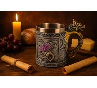 Fantasy Dragon Tankard Mug with Stainless Steel Liner - Gothic Medieval Style Drinking Cup - Resin Dragon Handle - Glitter Purple Detail - Unique Gift for Men, Women, Cosplay, Halloween, LARP