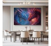 Fantasy Dragon Texture Heart Print, Red Blue Painting Art Canvas Painting for Living Room Bedroom Restaurant Home Office Wall Decoration Wall Art Pictures Home Decorative 160L x 80W cm Frameless