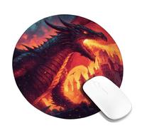 Fantasy Dragon Themed Desk Mouse Pad, Black and Red Colorful Fire Breath Design, Stitched Edge Non-Slip Gaming Mousepad for Home and Office Use Round 8x8 Inch