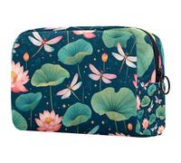 Fantasy Dragonflies and Lotus Flowers Vintage Style Cosmetic Makeup Bag Small Travel Zipper Pouch Portable Toiletry Bag Makeup Organizer for Women Girls