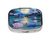 Fantasy Dragonfly and Lotus Flower Pattern Pill Case Pill Box Travel Pill Organizer Small Square Medicine Box for Purse & Pocket Gifts