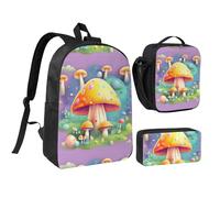 Fantasy Dream Mushroom 17 Inch Backpack Lunch Bag Pencil Case Set, Cute Print, Durable Oxford Cloth.