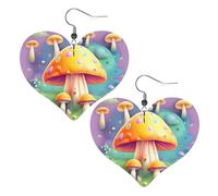 Fantasy Dream Mushroom Prints Leather Heart earrings Pendant Stylish and light Lightweight Dangle for Women Girls, One Size, Leather, No Gemstone