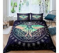 Fantasy Duvet Cover Hawk Moth With Luna Sacred Lines Illustration Starry Sky Gradient Green Orange Comforter Cover Decorative 3 Piece Bedding Set With 2 Pillow Shams Double Size Blue