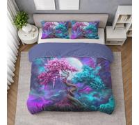 Fantasy Duvet Cover Set, Quilt Cover Bedding Set in Iridescent Microfibre with Pillowcases, King 230 X 220 cm, Sacred tree Harmony Full moon, Lightweight, Soft Touch, Easy Wash, Fade Resistant