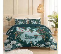 Fantasy Duvet Cover Set Super King 260 x 220 cm 3 Piece, Soft Microfiber Reversible Quilt Covers, Elegant White Phoenix Floral Printed Bedding Sets with 2 Pillowcases and Zipper Closure, Green