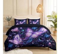 Fantasy Duvet Set Soft Printed Bedding Set Double(200 x 200) cm, Breathable Soft Brushed Microfiber Duvet Cover, Art Butterfly Firefly Quilted Bedding Bed Sets With Pillowcases, Purple