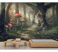 Fantasy Enchanted Forest Murals Red Mushrooms Wallpaper for Girls Tall Tree Wildflower Wallpaper Woodland Butterfly Wall Paper for Girls Bedroom Living Room Mural 350X256cm