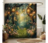 Fantasy Enchanted Forest Shower Curtain Green Tree Nature Jungle Plant Path Flowers Butterfly Spring Garden Misty Scenery 70" Wx70 H Bathroom Decor Curtain with Hooks