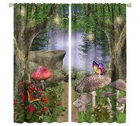 Fantasy Fairy Forest Blackout Windows Curtains, Red Mushrooms Green Trees Colorful Spring Flowers Forest Curtain, for Living Room 42x45in 2 Panels