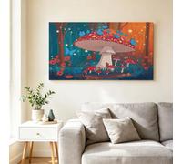 Fantasy Fairy Tale Forest Extra Large Framed Canvas Wall Art, Cartoon Giant Mushroom Blue Butterfly Pictures for Spacious Living Room Decor - Poster Prints Wall Art Painting - 120x80 cm