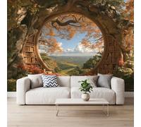 Fantasy Fairy Tale Forest Photo Wallpaper Mural for Living Room Decor, Non-Woven Art Print Fleece Round Tree Hole Window Wall Mural 150 x 105 cm Bedroom Decoration Poster Picture