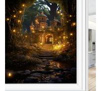 Fantasy Fairy Tale Garden Window Privacy Film Stained Glass Beautiful Castle Gorgeous Window Clings for Glass Decorative Stickers Static Cling Sun Blocking Coverings 90x140 cm