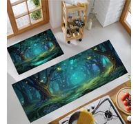 Fantasy Fairy Tale Kitchen Rug Sets 2 Piece, Anti Fatigue Comfort Standing Magic Forest Fireflies Kitchen Mats Set, Washable Easy Care Green Floor Mat, for Laundry Room Hallway 40x60cm+40x120cm