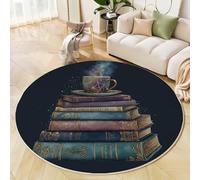 Fantasy Fairy Tale Round Area Rug 60cm, Washable Non-Slip Indoor Decor Dark Blue Circle Rug, Soft Non-Shed Lightweight Books Teacup Print Carpet, for Bedroom Nursery Playroom Entryway