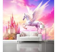 Fantasy Fairy Tales Photo Wallpaper Nursery 200 X 140 Cm Non-Woven Premium Pink Pegasus Castle Print Fleece Wall Mural Decoration Poster Picture Design Modern for Living Room Bedroom