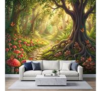 Fantasy Fairytale 3D Effect Photo Mural 300W x 210H cm, Premium Dreamy Magic Forest Butterfly Mushroom Non-Woven Mural Wallpaper for Lounge Playroom Bedroom Nursery - Forest Green Wall Art Decor