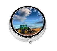 Fantasy Farm Tractor (1) Round Pill Box - Full Print Design, Metal Electroplated Compact Medicine Case for Travel, Fits Pockets & Wallets