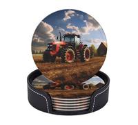 Fantasy Farm Tractor Coasters for Drinks Set of 6 Leather Drink Coasters with Holder Heat Resistant Bar Coasters Round Cup Mat Pad Cute Cup Coaster for Hot Cold Drink Kinds of Cups