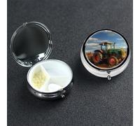 Fantasy Farm Tractor Pill Box 3 Compartment Round Metal Pill Case for Purse & Pocket, Portable Medicine Organizer Travel Pillbox Daily Pill Container Holder to Hold Vitamins, Fish Oil