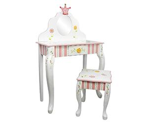 Fantasy Fields - Princess & Frog themed Kids Vanity Dressing Up Table and Stool Set with Mirror | Hand Crafted & Hand Painted Details | Child Friendly Water-based Paint