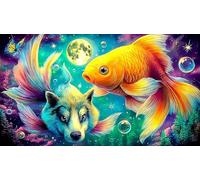 Fantasy-Fish-and-Wolf-Under-Moon Jigsaw Puzzles for Adults: 1000-Piece Recycled Cardboard Decoration 75x50cm/1000pcs