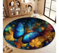 Fantasy Floral Animal Butterfly Round Area Rug, Soft Washable Non-Slip Circle Rug for Bedroom 150 cm - Blue Print Carpet for Entryway Sofa Living Room Bathroom
