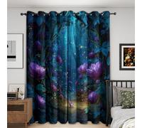 Fantasy Forest Blackout Curtains, 54 Drop, Purple Floral Firefly Printed Curtains for Living Room, Bedroom, Eyelet Drapes for Window Home Decor, 46x54 Inch 2 Panels (Y-099)