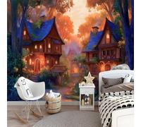 Fantasy Forest Cabin Village Wall Mural Orange 150 x 105 cm - Premium Non-Woven Large Photo Wallpaper for Teenage Boys Bedroom, Living Room, Office Feature Wall Decoration