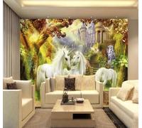 Fantasy Forest Castle White Horse Flying Bird 3D Wallpaper Easy Install Feature Office Living Room Sofa Bedroom TV Background Wall Decoration-350cm×256cm