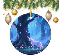 Fantasy Forest Ceramic Christmas Ornaments with Gold String - Round Double Sided Porcelain Tree Decorations for Fireplace, Mantel, Wreath Holiday Party Decor (2.8 Inch)