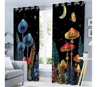 Fantasy Forest Curtains for Bedroom Living Room, Blackout Curtains Drop, Energy Saving Thermal Insulated Drapes, Mushrooms Ferns Window Treatments, W 46" x L 72", 2 Panels, Black