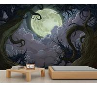Fantasy Forest Gothic Wallpapers, Full Moon Night Clouds Scene Wallpaper Murals for Walls, Twisted Ancient Trees Girls Wallpaper Living Room for Bedroom Art 400 X 280 cm