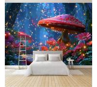 Fantasy Forest Mushroom Firefly Plant Wall Mural 400 x 280 cm Dark Blue, Large Non-Woven Photo Wallpaper for Living Room Bedroom & Office, Modern HD Feature Wall Art, Easy to Install Decor