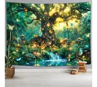 Fantasy Forest Nature Wall Hanging, Magical Enchanted Jungle Tree Waterfall Mushroom Butterfly Tapestry, Trippy Plant Botanical Aesthetic for Bedroom Living Room, 90x70 Green