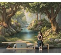 Fantasy Forest Stream Wallpaper, Natural Landscape Mural Wallpaper For Living Room, Retro Bedroom Wall Paper, Not Self Adhesive Brownish-Green 3D Large Wall Mural Home Decor Poster, 450X315Cm