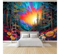 Fantasy Forest Sunset Mountain Wildflower Wall Mural 400 x 280 cm Dark Blue, Large Non-Woven Photo Wallpaper for Living Room Bedroom & Office, Modern HD Feature Wall Art, Easy to Install Decor