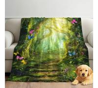 Fantasy Forest Throw Blanket 150 x 200 cm, Mystical Butterfly Tree Path Fleece Blanket Cozy Microfibre Plush Blanket for Couch Sofa Bed Kids Parents Gift, Green