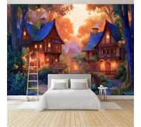 Fantasy Forest Village Woods Wall Mural 350 x 256 cm Dark Black, Large Non-Woven Photo Wallpaper for Living Room Bedroom & Office, Modern HD Feature Wall Art, Easy to Install Decor
