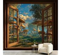 Fantasy Forest Wall Mural 3D Stereo Window Mushroom Tree Murals Wallpaper for Walls Bedroom, Living Room, TV Background Kids Room Decoration (not Peel and Stick) - 200 x 140 cm