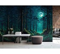 Fantasy forest wallpaper 10x7 ft bedroom night trees moon Deep Aqua Wall Mural