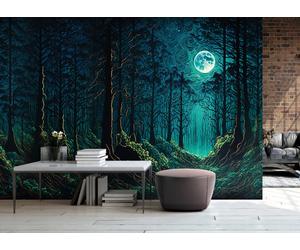 Fantasy forest wallpaper 10x7 ft bedroom night trees moon Deep Aqua Wall Mural